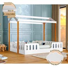 Imagem de Cama com Colchão Montessoriana Casal Infantil Ágatha Branco/amêndoa Incluso Luminária
