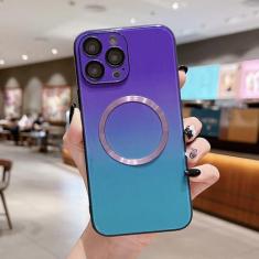 Imagem de Capa de telefone de vidro gradiente de luxo para iPhone 14 Plus 13 12 Pro Max Capa de proteção de lente de carregamento magnético sem fio, azul roxo, para iphone 15 pro