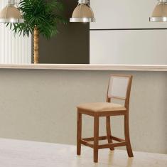 Imagem de Banqueta Alta Luxo em Tela Sextavada Assento Estofado Linho Bege Rubi Madeira Maciça Imbuia