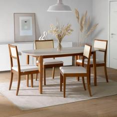 Imagem de Conjunto Mesa Extensível Oval 4 Cadeiras Madeira Maciça Encosto Telado Tiê CabeCasa MadeiraMadeira Amêndoa/Off White