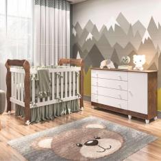Imagem de Quarto de Bebê Cômoda 4 Gavetas com Fraldário Taís Berço 3 em 1 Lila Branco Amadeirado Carolina Baby