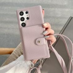 Imagem de Moda litchi couro pescoço alça de ombro caso telefone para samsung s23 ultra s20 s21 s22 nota 8 9 10 20 crossbody carteira capa, roxo, s9