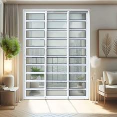 Imagem de Porta de Correr com Travessas 3 Folhas Moveis Sequenciais 210 X 150 Elite com Fecho Automático Vidro Branco