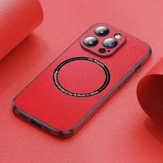 Imagem de Capa de telefone de couro de carregamento sem fio magnético para iphone 14 13 12 11 pro max com lente proteger capa de celular escudo, vermelho, para iphone 14 pro