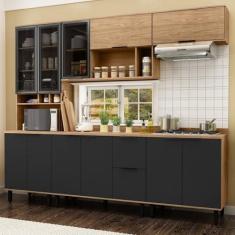 Imagem de Cozinha Modulada Toscana 5 Peças Mdf com Aéreo 1200 Porta de Vidro e Paneleiro com Tampo Freijó/Nero