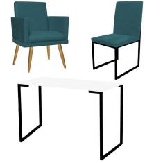 Imagem de Kit Escritório Stan Poltrona Rodapé com Cadeira e Mesa Industrial Branco Preto Suede Azul Turquesa - Ahz Móveis