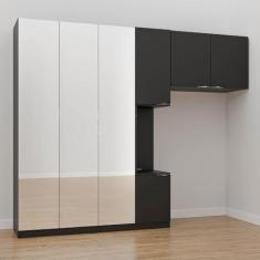 Imagem de Guarda Roupa Modulado de Solteiro com Espelho e Mesa de Cabeceira Esquerda 7 Portas 3 Peças Hera Cab Preto/cromado