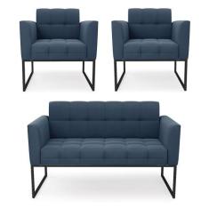 Imagem de Kit 1 Sofá Namoradeira e 2 Poltronas Elisa Suede Azul Marinho Base Met