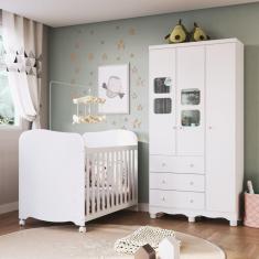 Imagem de Conjuto Quarto de Bebê com Berço Americano e Guarda Roupa 3 Portas 3 Gavetas Com Janelas Mimo Espresso Móveis Branco Brilho