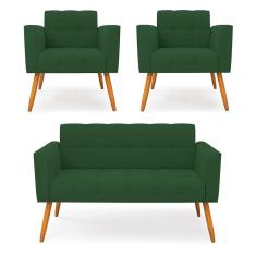 Imagem de Kit 1 Sofá Namoradeira E 2 Poltronas Elisa Veludo Verde Pés Palito Castanho - D`rossi