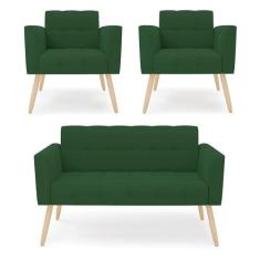 Imagem de Kit 1 Sofá Namoradeira E 2 Poltronas Elisa Veludo Pés Palito Natural -