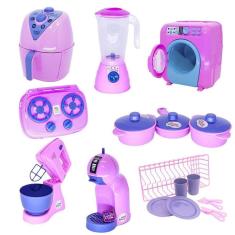 Imagem de Kit cozinha infantil rosa air fryer panela fogão louça 19pç