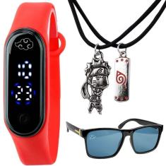 Imagem de Relogio Digital Infantil Naruto Led + Colar Duplo + Oculos Vermelho Protecao Uv Melhores Amigos