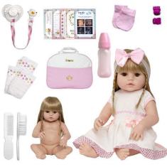 Imagem de Boneca Reborn Realista Vinil Siliconado + Enxoval Com Bolsa - Cegonha