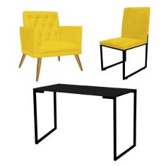 Imagem de Kit Escritório Stan Poltrona Maria com Cadeira e Mesa Industrial Tampo Preto Corino Amarelo - Ahz Móveis