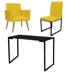 Imagem de Kit Escritório Stan Poltrona com Cadeira e Mesa Industrial Tampo Preto Suede Amarelo - Ahz Móveis