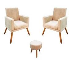 Imagem de Kit 2 Poltronas Decorativas Nina Rodapé Com Puff Solar Para Sala de Estar Sued Bege Aradecor