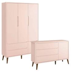 Imagem de Guarda Roupa Infantil 3 Portas E Cômoda Theo 1 Porta Rosa Com Pés Amadeirados - Reller