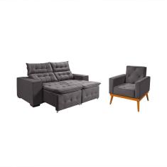 Imagem de Kit Sofá Retratil Reclinável Bari 1,90 Pillow Mais Poltrona Florença Em Veludo Grafite Cinza