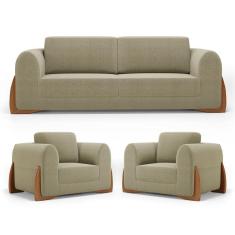 Imagem de Kit 02 Poltronas e 01 Sofá Bloom 220cm 03 Lugares com Pés de Madeira Bouclê Bege - Desk Design