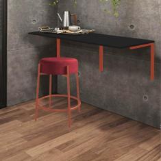 Imagem de Kit Mesa Suspensa de Parede Fixa MDF Preto + 1 Banqueta Sintra Ferro Cobre Suede Vermelho - Ahazzo Móveis