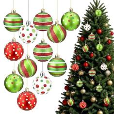 Imagem de 12 peças de enfeites de bola de Natal, decorações de árvore de 6 cm, vermelho e verde, conjunto de enfeites de árvore de Natal de plástico brilhante para festas de férias internas em casa
