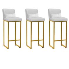 Imagem de Kit 03 Banqueta Alta com Encosto Lucca Industrial Cozinha Balcão Ferro Dourado Corino Branco e Almofada Branco - Ahazzo Móveis