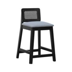 Imagem de Banqueta Média Gabi Madeira Maciça Encosto Telinha Assento Estofado Linho Preto/Cinza