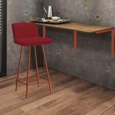 Imagem de Kit Mesa Suspensa de Parede Fixa MDF Castanho + 1 Banqueta Lexi Ferro Bronze Sintético Vermelho - Ahazzo Móveis