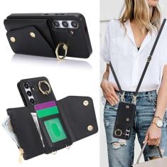 Imagem de MRRSIWEI Capa para Samsung Galaxy S24 (não para S24 Plus/Ultra) para mulheres, capa tipo carteira transversal com cordão para cartão de crédito à prova de choque, capa com suporte para Samsung Galaxy