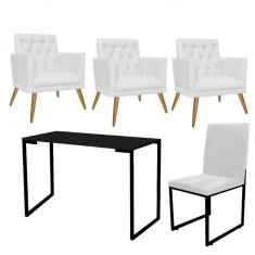 Imagem de Kit Escritório Stan 3 Poltronas Maria com Cadeira e Mesa Industrial Tampo Preto Corino Branco - Ahz Móveis