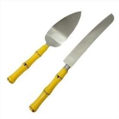 Imagem de Conjunto Para Bolo Faca Espátula Cabo Plástico Bambu Natural