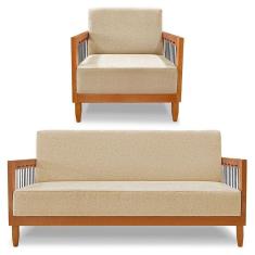 Imagem de Kit Poltrona E Sofá Living 2 Lugares Marilia 1,60m Linho Base Em Madeira Castanho - Pallazio Cor Dourado