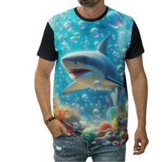 Imagem de Camiseta Tubarão No Fundo Do Mar Oceano Bolhas Alga Marinha - Darkwood