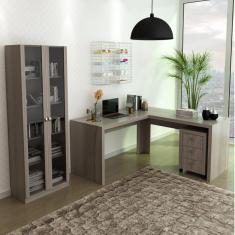 Imagem de Mesa em L com Gaveteiro e Armário com 2 Portas de Vidro Espresso Móveis Carvalho