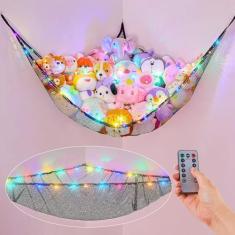Imagem de Basumee Rede para animais de pelúcia ou rede com luz LED para pendurar rede de brinquedo para guardar animais de pelúcia, redes para berçário, quarto de crianças, com controle remoto, 8 tipos de luzes