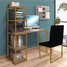 Imagem de Kit Escritório Mesa Max BeX 5 Prateleiras e Cadeira Stan Dourado Tampo Rústico Sintético Preto - Ahz Móveis