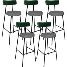 Imagem de Kit 05 Banquetas Alta Bar Cozinha Sala Jantar Milão L02 Facto Verde Linho Cinza Escuro - Lyam Decor