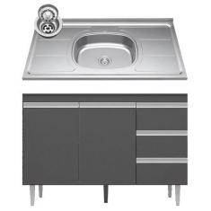 Imagem de Balcão de Cozinha Com Pia Inox 100cm 3 Gavetas Andréia Cinza - AJL Móv