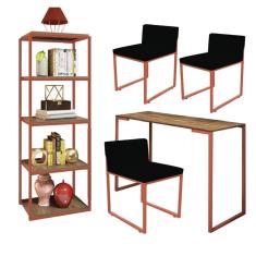 Imagem de Kit Escritório Ravi 3 Cadeiras Suede Preto com 1 Mesa e 1 Livreiro Ferro Bronze MDF Rústico - Ahazzo Móveis