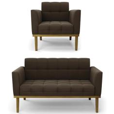 Imagem de Sof  Namoradeira E 1 Poltrona Base Madeira Castanho Ana Suede