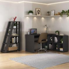 Imagem de Conjunto Home Office com Escrivaninha em L com 8 Nichos e Estante Escada Organizadora Preto