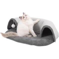 Imagem de Cama de túnel para gatos, abrigo espaçoso para condomínios para gatos com bola de pelúcia branca, túneis interativos laváveis ​​para gatos, cama para gatos com aquecimento automático, caverna macia e