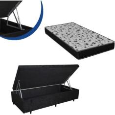 Imagem de Cama Box Baú Solteiro Colchão Espuma D33 Bordado + Box Suede Preta 59x78x188