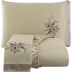 Imagem de Jogo De Lençol Queen Cama Box Casal Bordado 03 Pçs - Tapetemalha Enxov