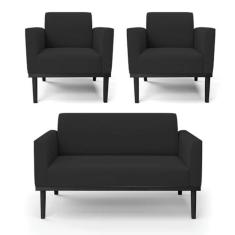 Imagem de Sofá Namoradeira com 2 Poltronas Base de Madeira Fixa Preto Marisa Veludo Preto D03 - D'Rossi