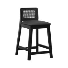 Imagem de Banqueta Média Gabi Madeira Maciça Encosto Telinha Assento Estofado Corano Preto