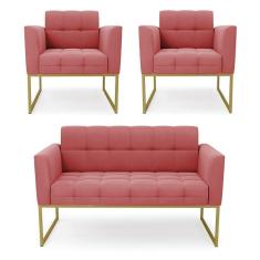 Imagem de Kit 1 Sofá Namoradeira E 2 Poltronas Elisa Suede Base Metálica Industrial Dourada D`rossi Cor Rose