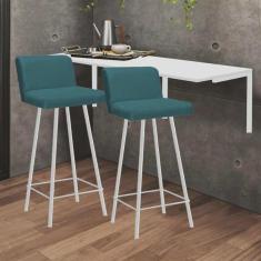 Imagem de Kit Mesa Suspensa de Parede Fixa mdf Branco + 2 Banquetas Lexi Ferro Branco Suede Azul Turquesa - Ahazzo Móveis