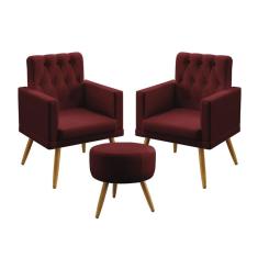 Imagem de Kit 2 Poltronas Decorativas Estofada Nina e Puff Solar Com Rodapé E Botões Capitonê Sued Bordô Aradecor